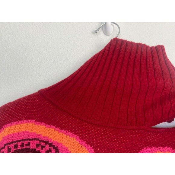 FARM RIO Cutout Asymmetrical Knit Bold Pink Floral Turtleneck Wool Blend Sweater - Picture 2 of 14